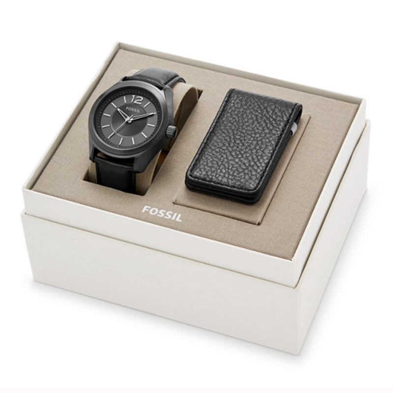 FOSSIL EDITOR THREE-HAND BLACK LEATHER WATCH AND WALLET BOX SET - The ...