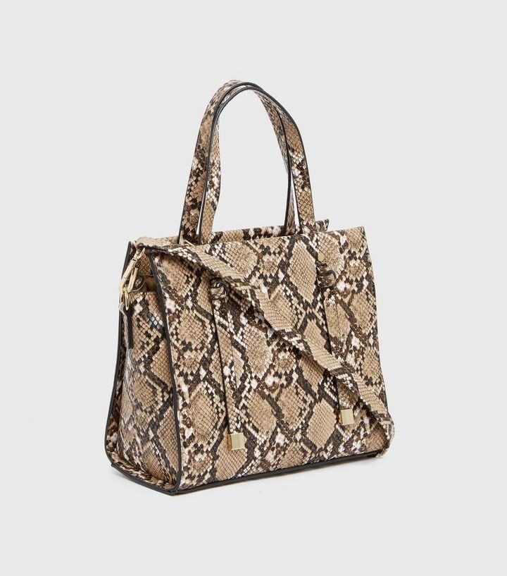 New Look Faux Snake Cross Body Mini Tote Bag - Brown - The Brand Store